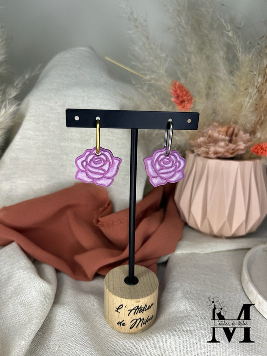 Pampille fleur de rose parme en pâte polymère faite main